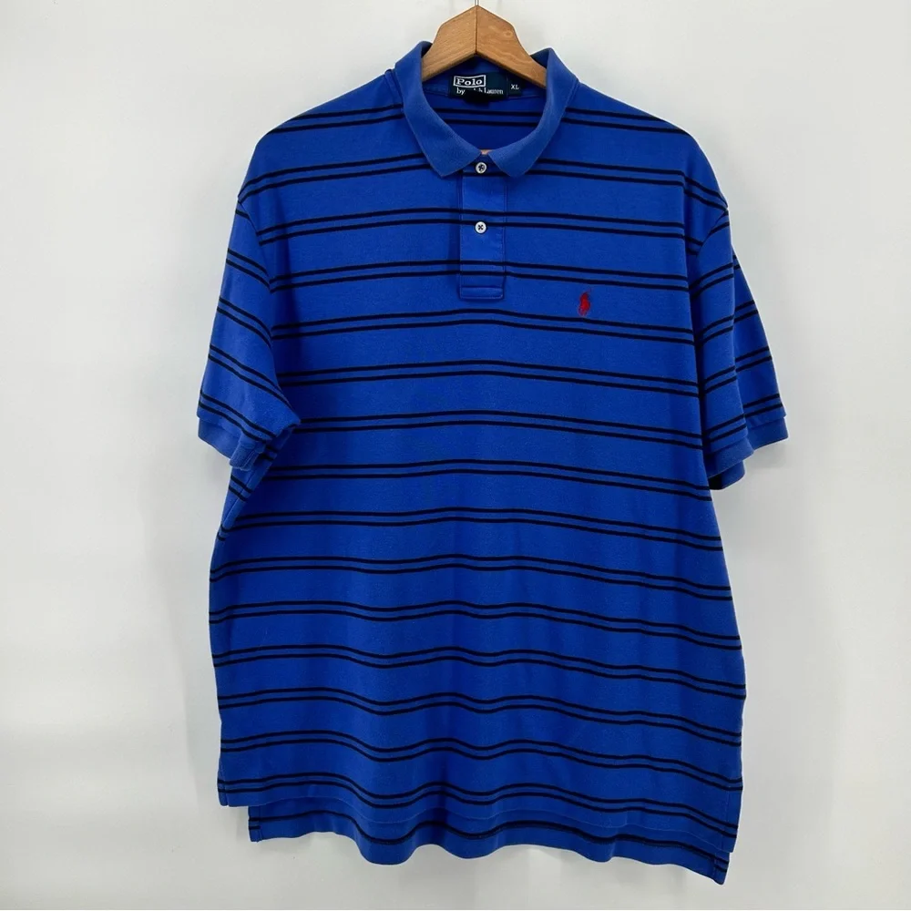 Polo Ralph Lauren Mens XL Blue Short‎ Sleeve Black Stripes Red Pony Polo Shirt